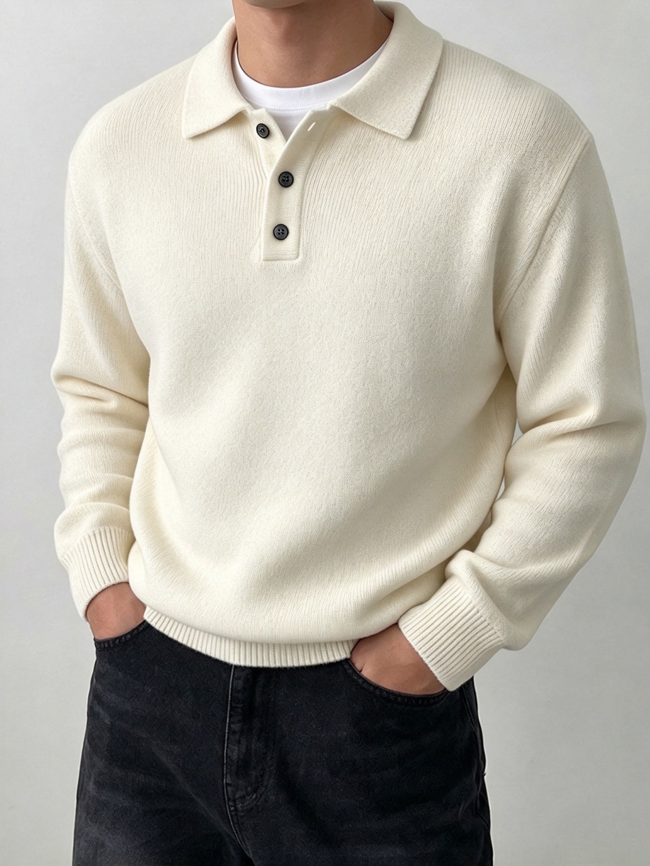 DAZY Pull col polo manches longues beige pour hommes Automne/Hiver