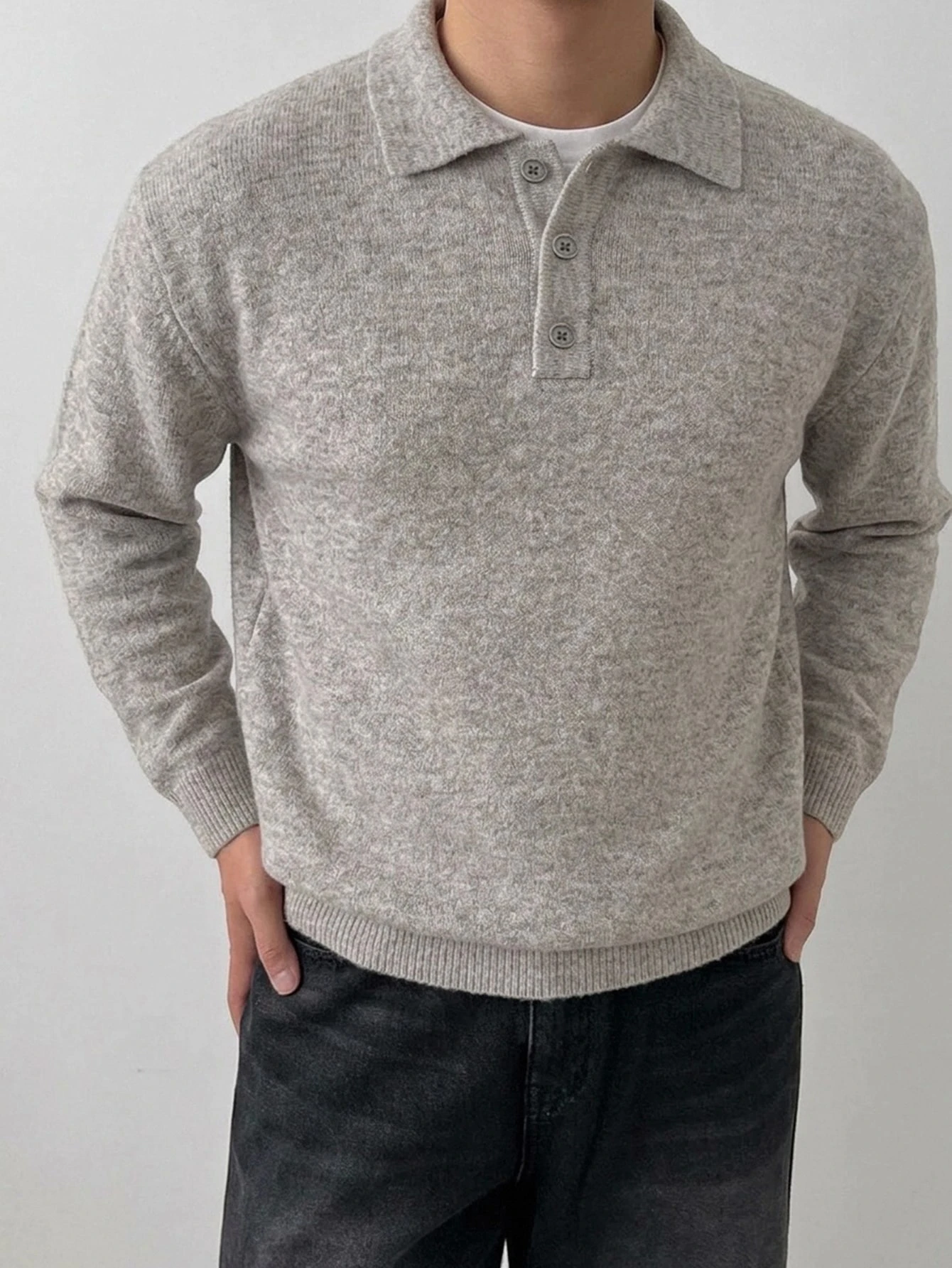 DAZY Pull col polo manches longues beige pour hommes Automne/Hiver — vue 2