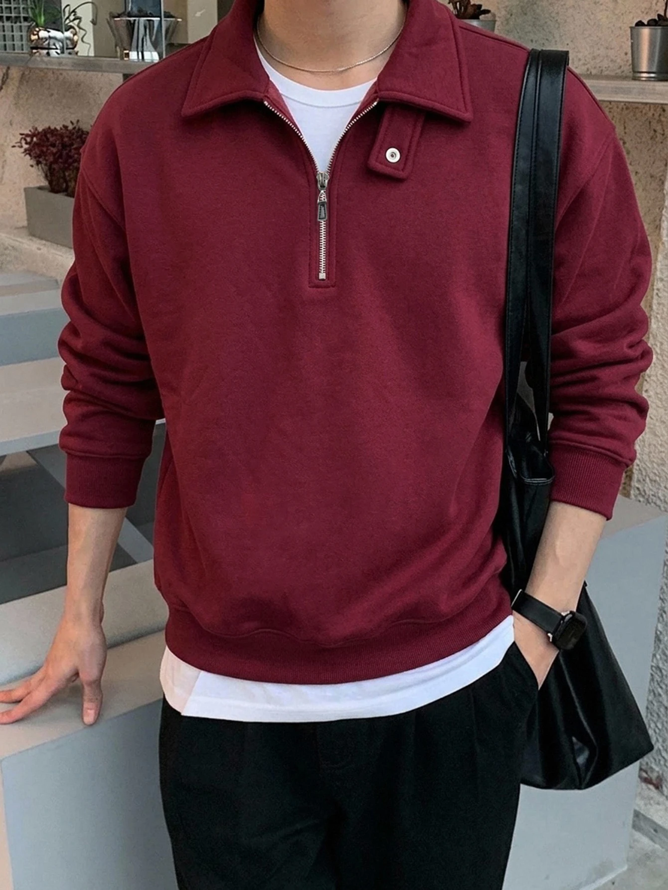 DAZY Sweat-shirt-shirt col polo de couleur unie ajustable pour hommes, Sweat-shirt-shirt — vue 4