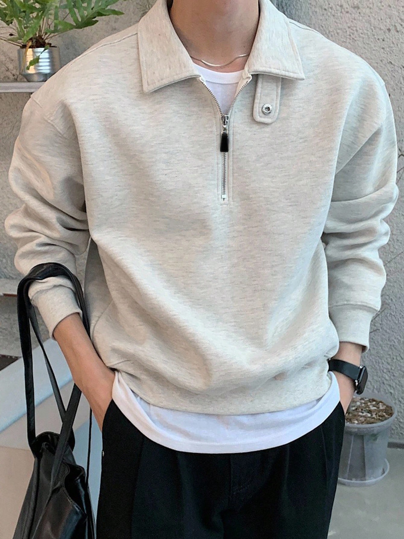 DAZY Sweat-shirt-shirt col polo de couleur unie ajustable pour hommes, Sweat-shirt-shirt — vue 5
