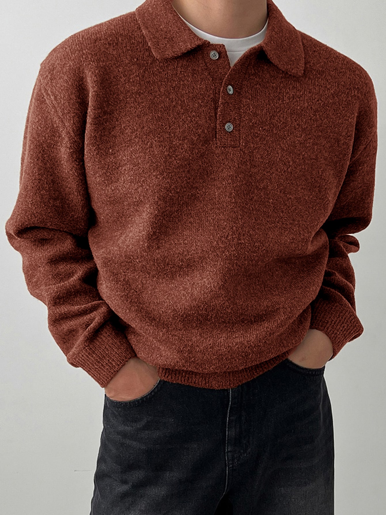 DAZY Pull col polo manches longues beige pour hommes Automne/Hiver — vue 7
