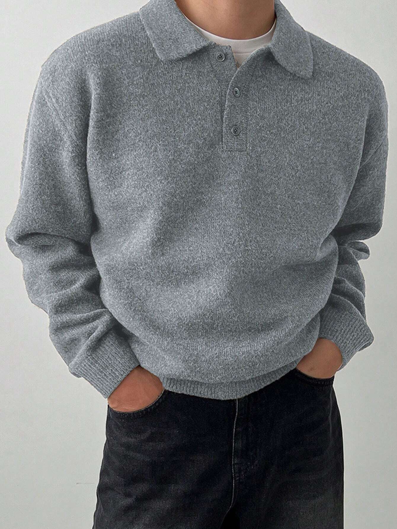 DAZY Pull col polo manches longues beige pour hommes Automne/Hiver — vue 9