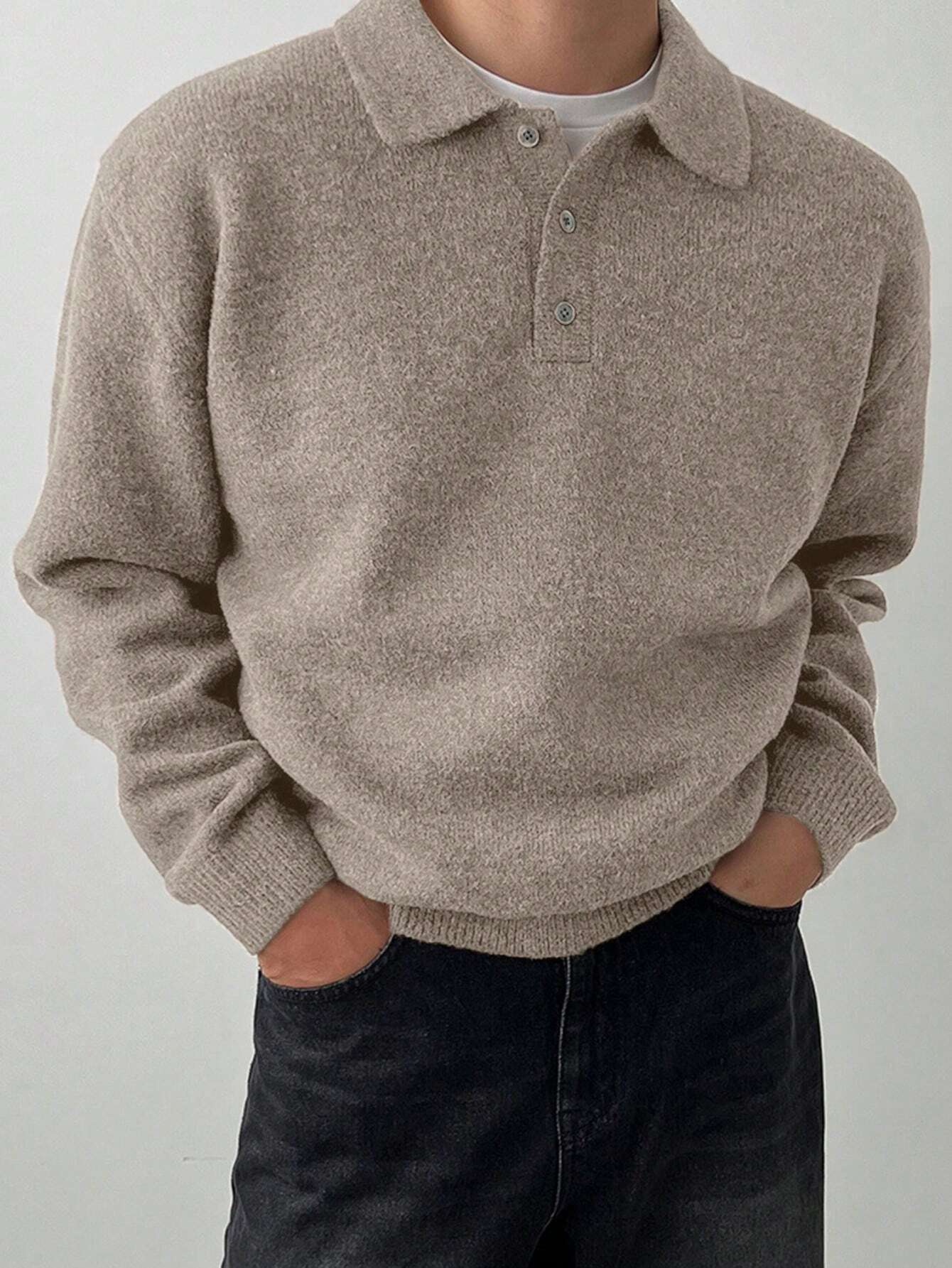 DAZY Pull col polo manches longues beige pour hommes Automne/Hiver — vue 10