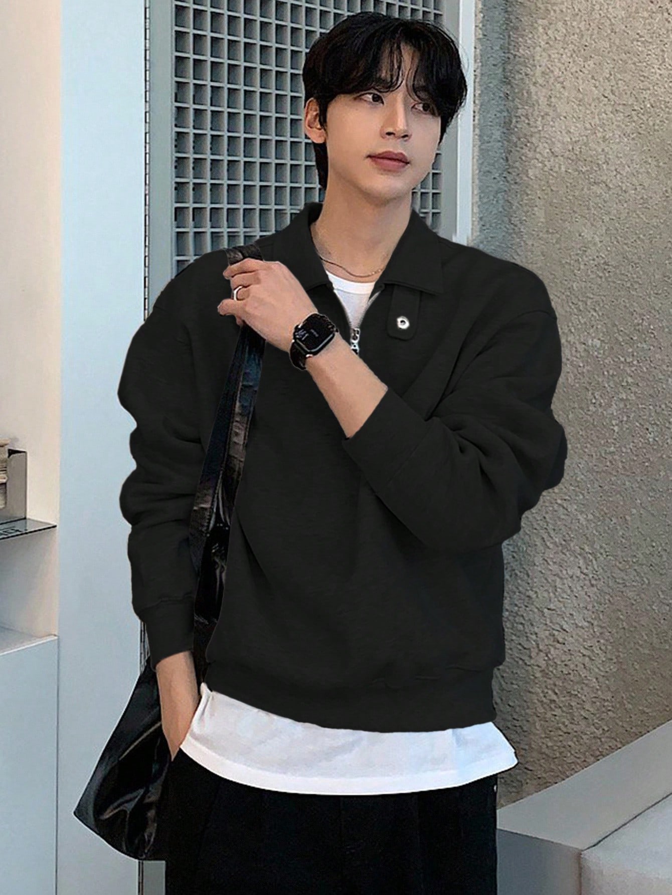DAZY Sweat-shirt-shirt col polo de couleur unie ajustable pour hommes, Sweat-shirt-shirt — vue 8