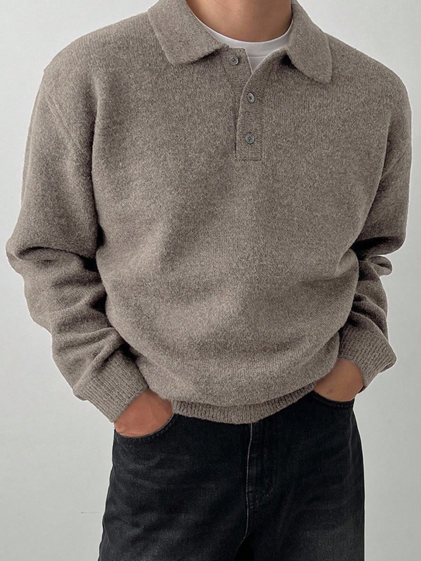 DAZY Pull col polo manches longues beige pour hommes Automne/Hiver — vue 14