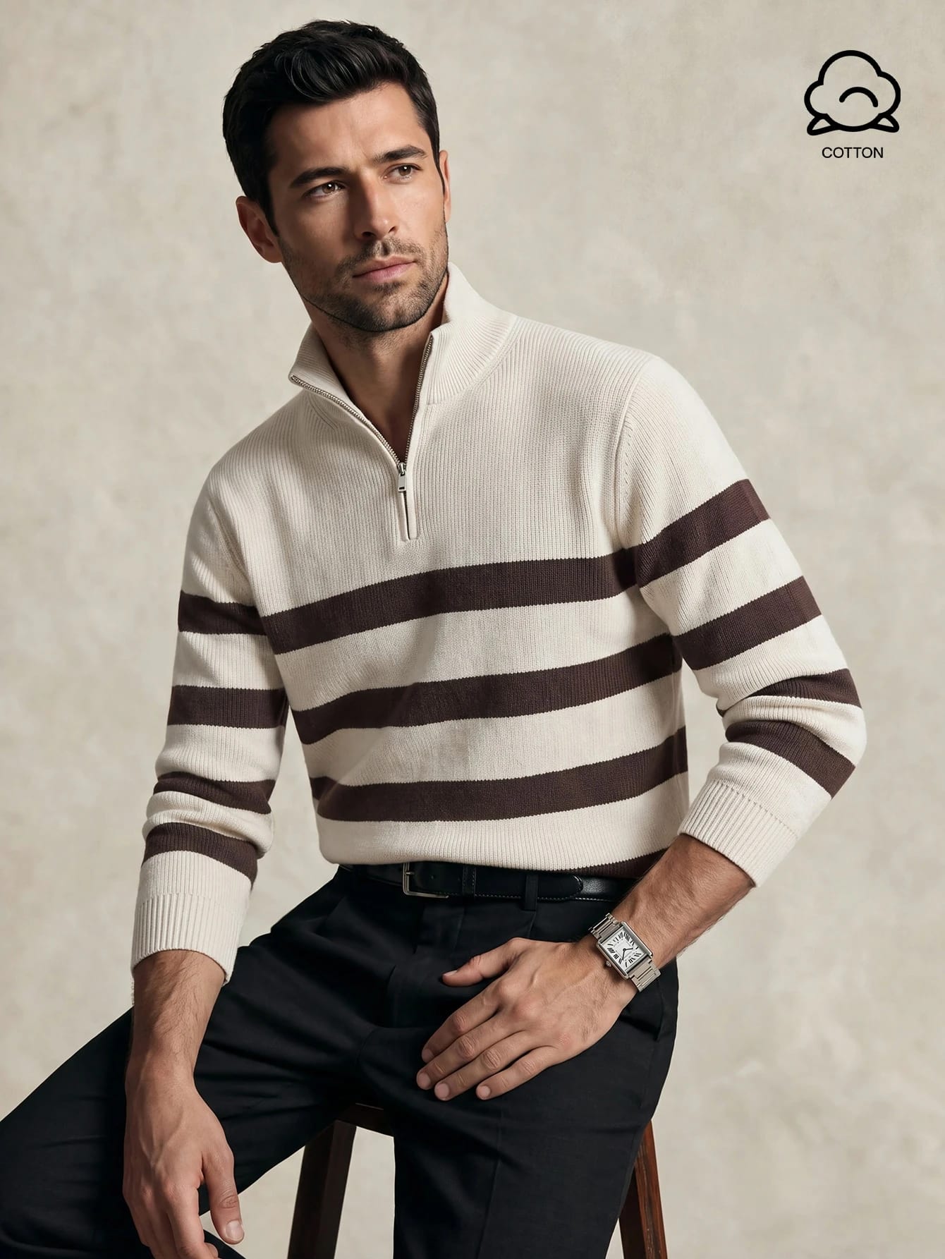 Lornavo Pull décontracté pour hommes à rayures bleues et blanches en blocs de couleurs,