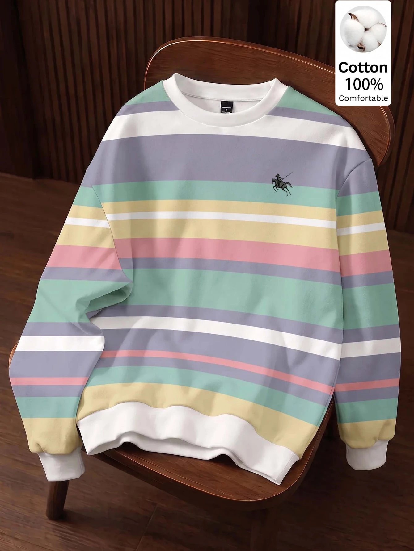 Daypath Sweat-shirt à enfiler pour homme, rayures colorées, petit logo, 100% coton,