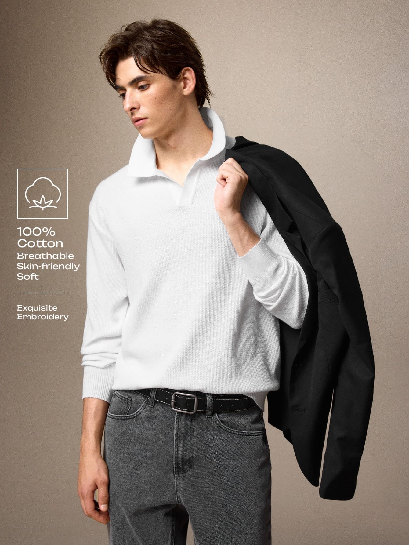 Calmiston Pull côtelé à manches longues minimaliste pour hommes pour un port quotidien
