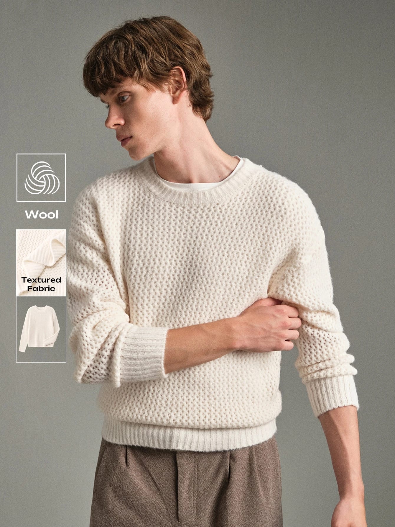 Calmiston Pull en maille col rond pour homme, mélange de laine, couleur unie,