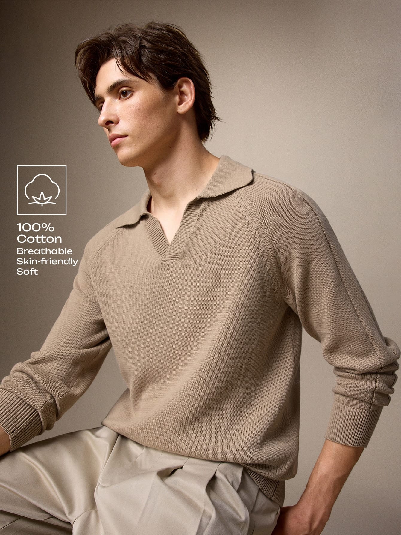 Calmiston Pull en coton de couleur unie décontracté pour homme, manches longues, style