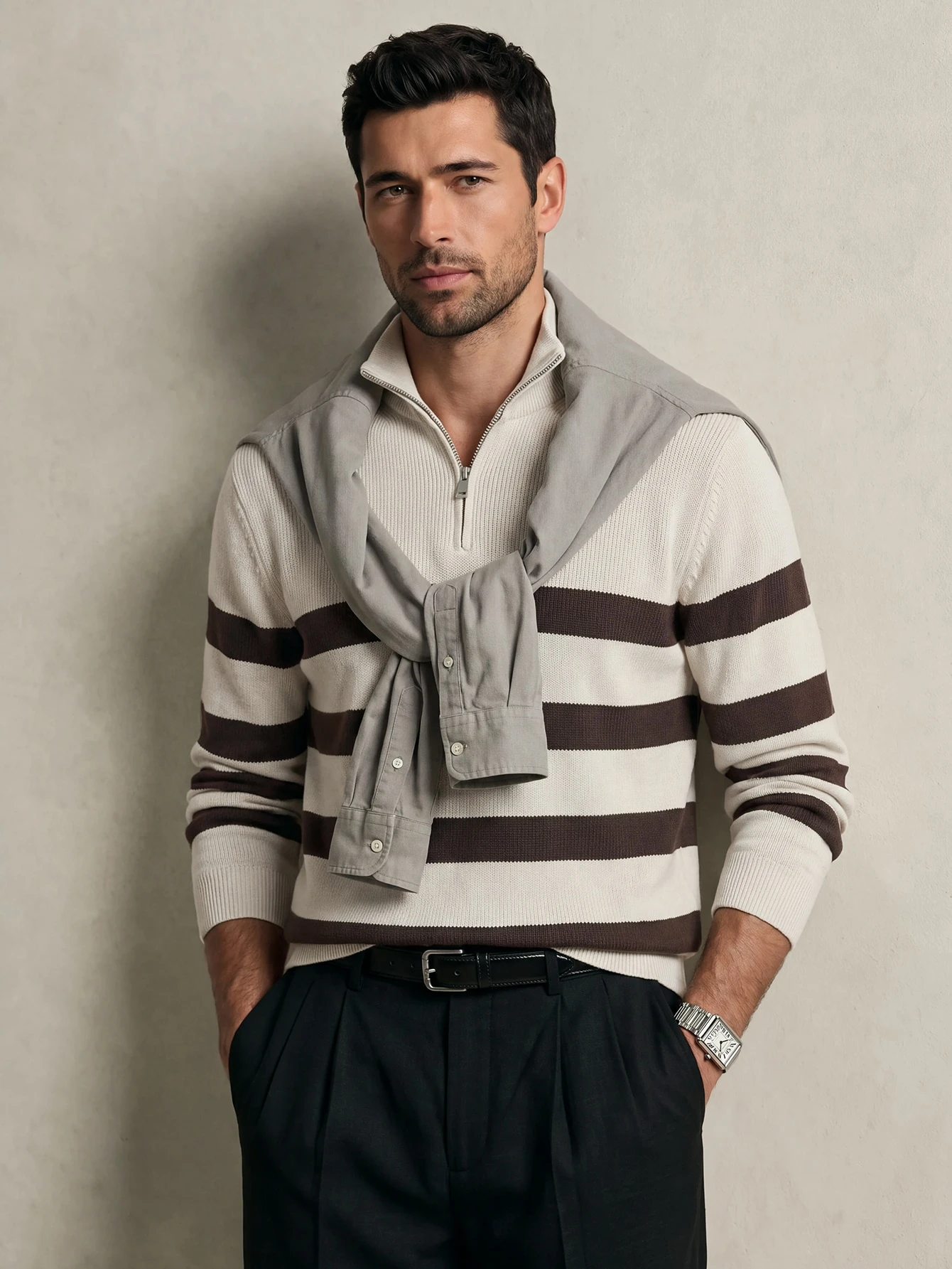 Lornavo Pull décontracté pour hommes à rayures bleues et blanches en blocs de couleurs, — vue 7