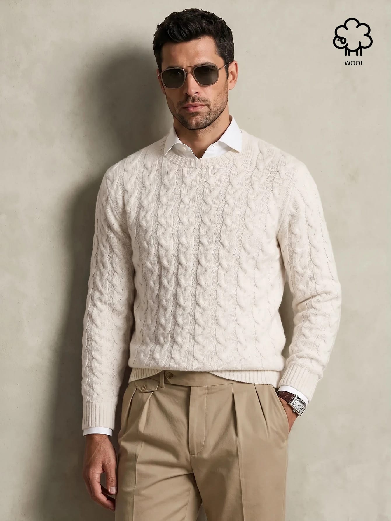 Lornavo Pull homme en mélange de laine à col rond, tricot torsadé, couleur unie,