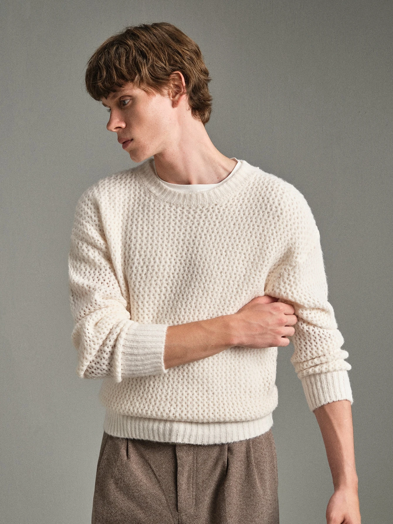 Calmiston Pull en maille col rond pour homme, mélange de laine, couleur unie, — vue 9