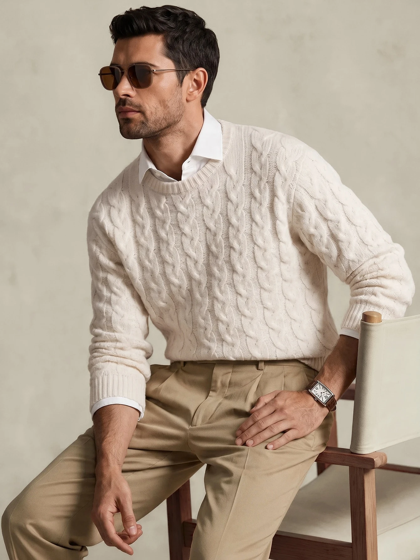Lornavo Pull homme en mélange de laine à col rond, tricot torsadé, couleur unie, — vue 6