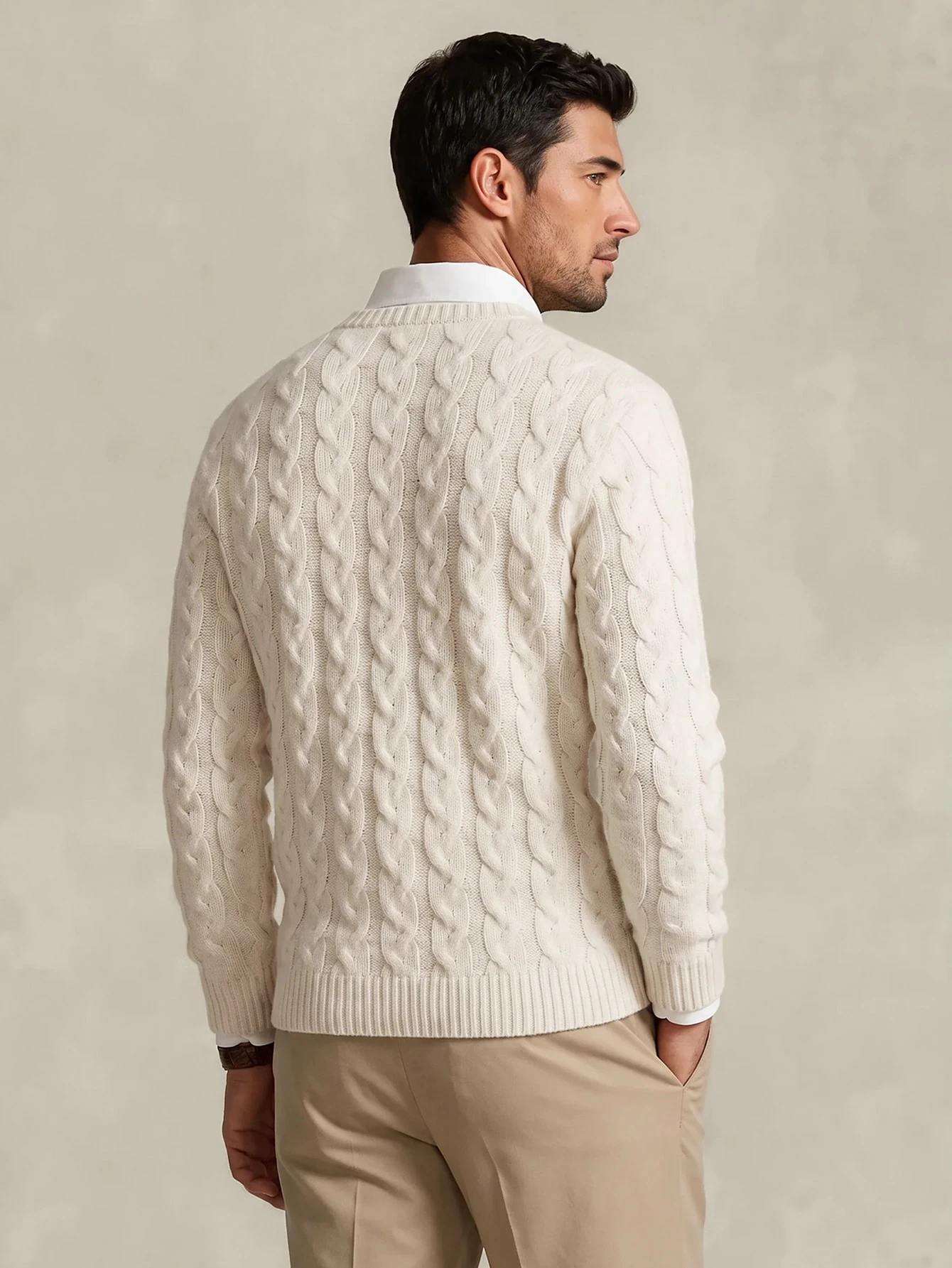 Lornavo Pull homme en mélange de laine à col rond, tricot torsadé, couleur unie, — vue 2
