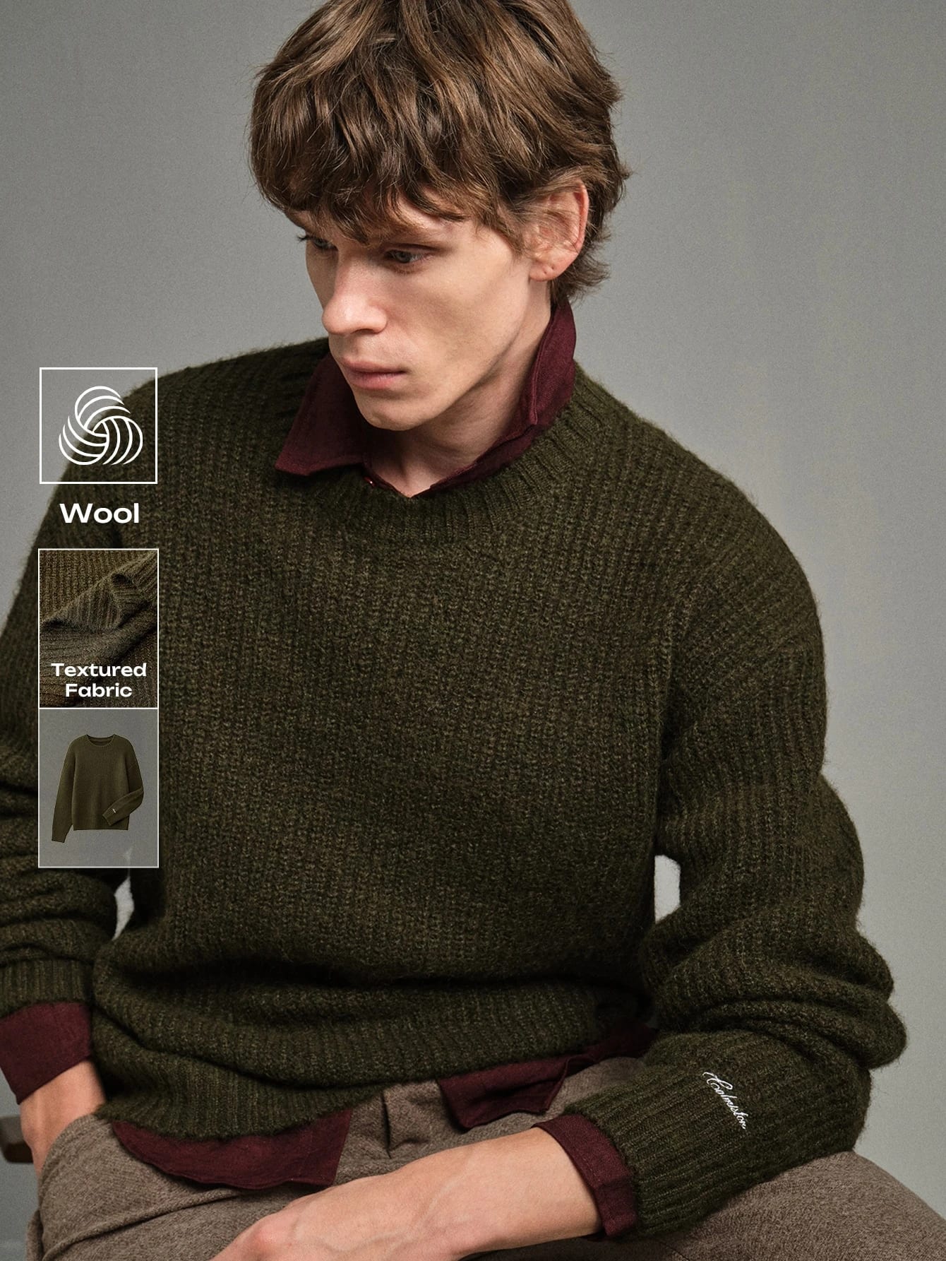 Calmiston Pull en maille col rond pour homme en mélange de laine, couleur unie, style Old