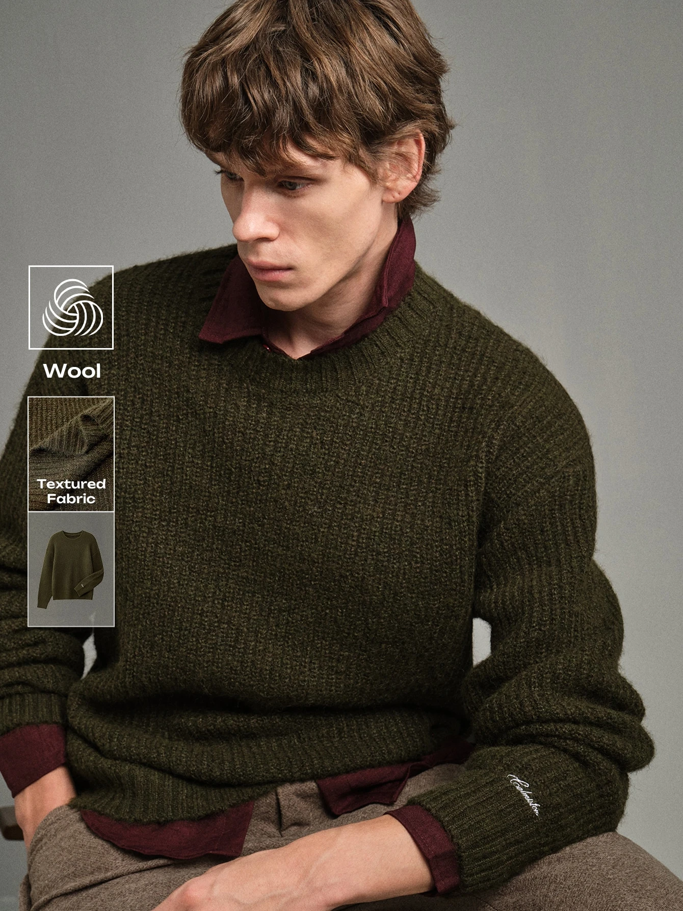 Calmiston Pull en maille col rond pour homme en mélange de laine, couleur unie, style Old
