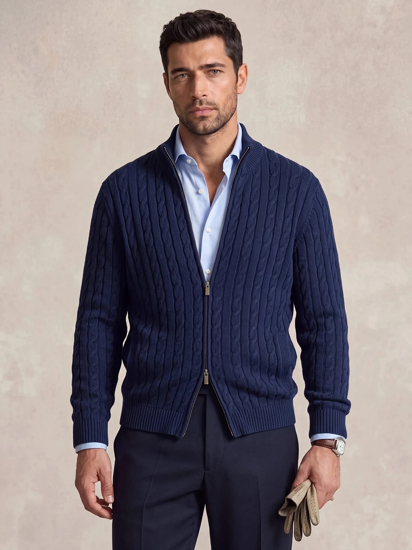 Lornavo Cardigan décontracté polyvalent pour hommes, couleur unie bleu marine,