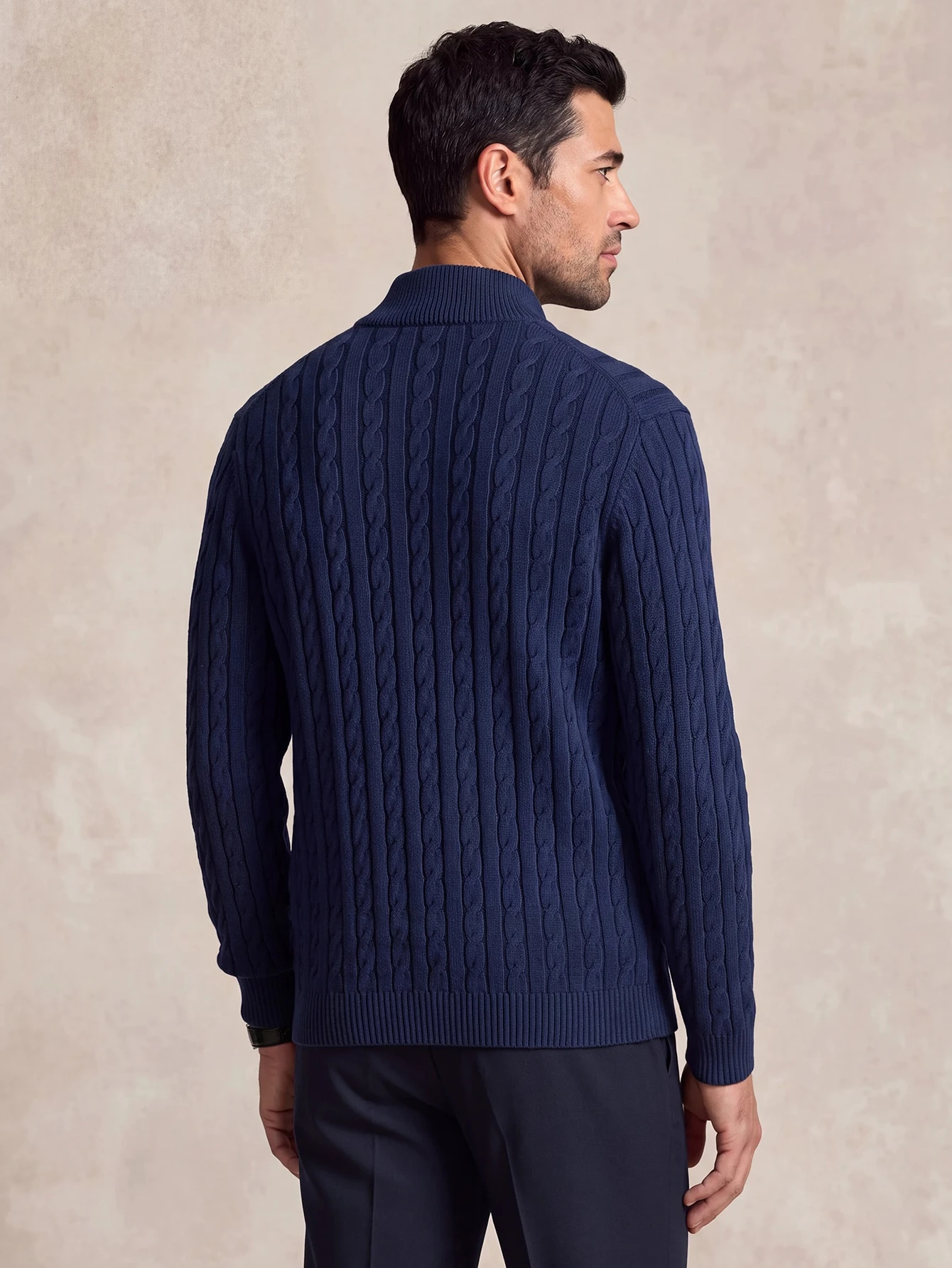 Lornavo Cardigan décontracté polyvalent pour hommes, couleur unie bleu marine, — vue 2