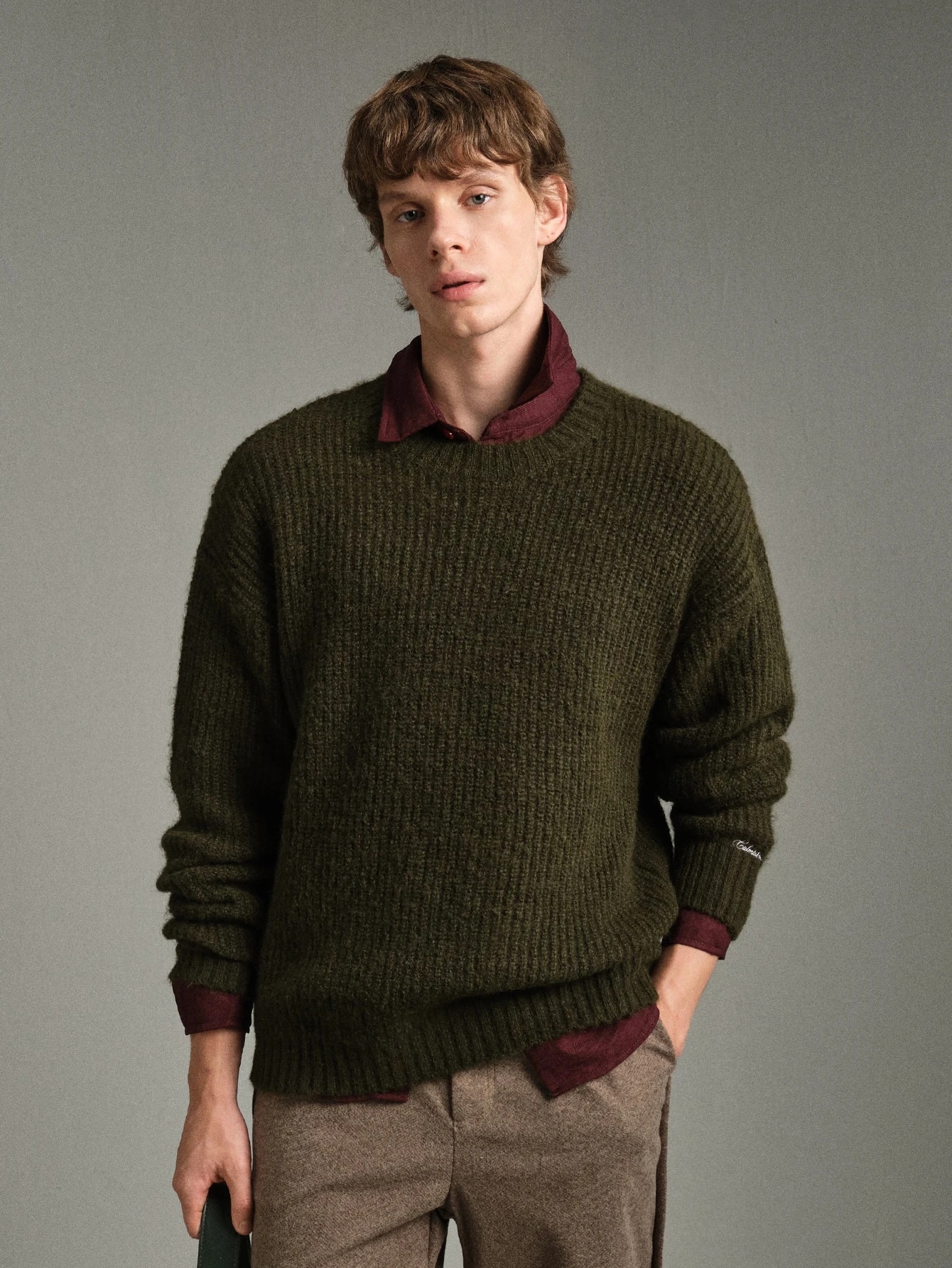 Calmiston Pull en maille col rond pour homme en mélange de laine, couleur unie, style Old — vue 6