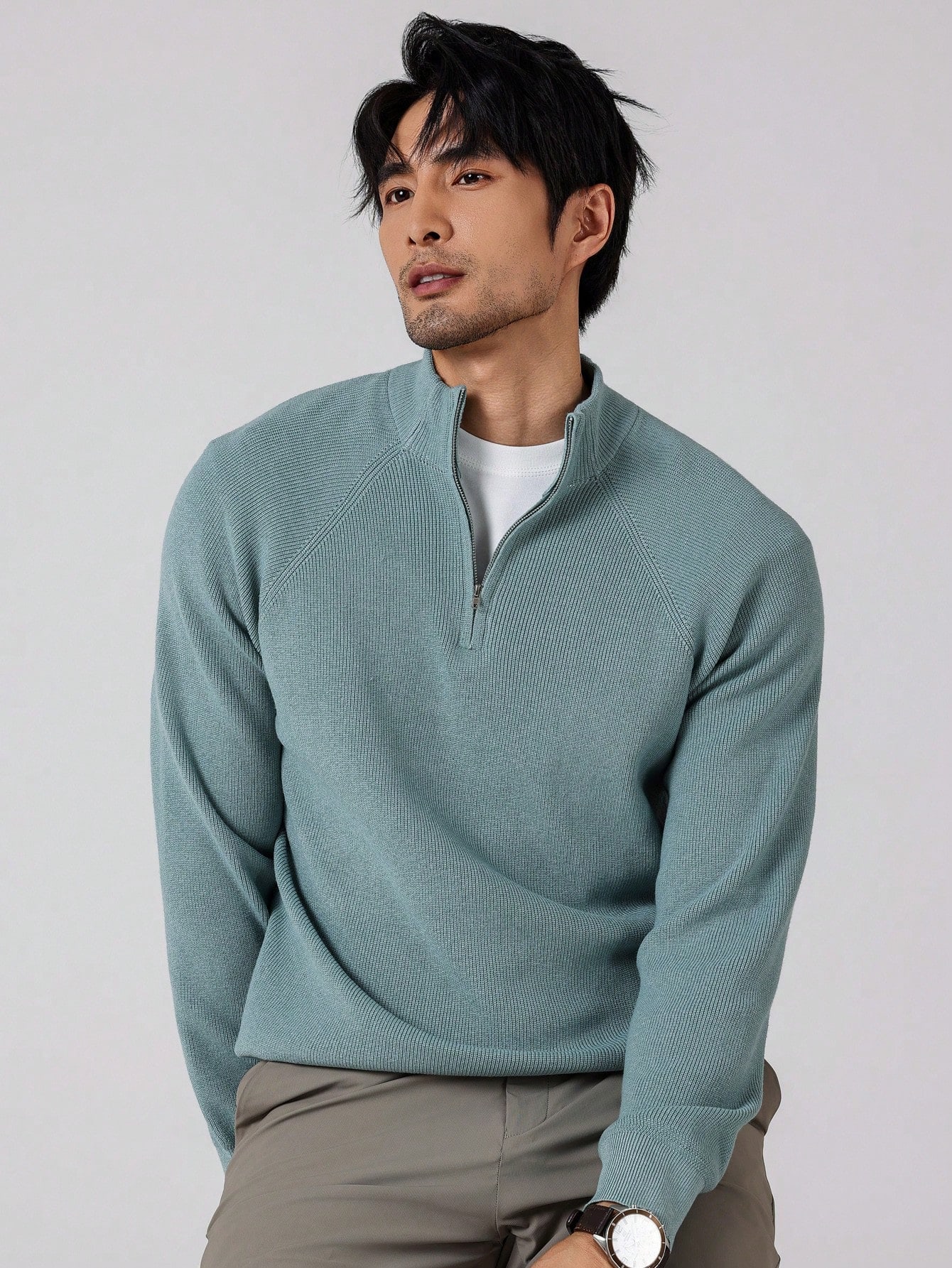 Calmiston Pull en coton de couleur unie décontracté pour homme, manches longues, style — vue 6