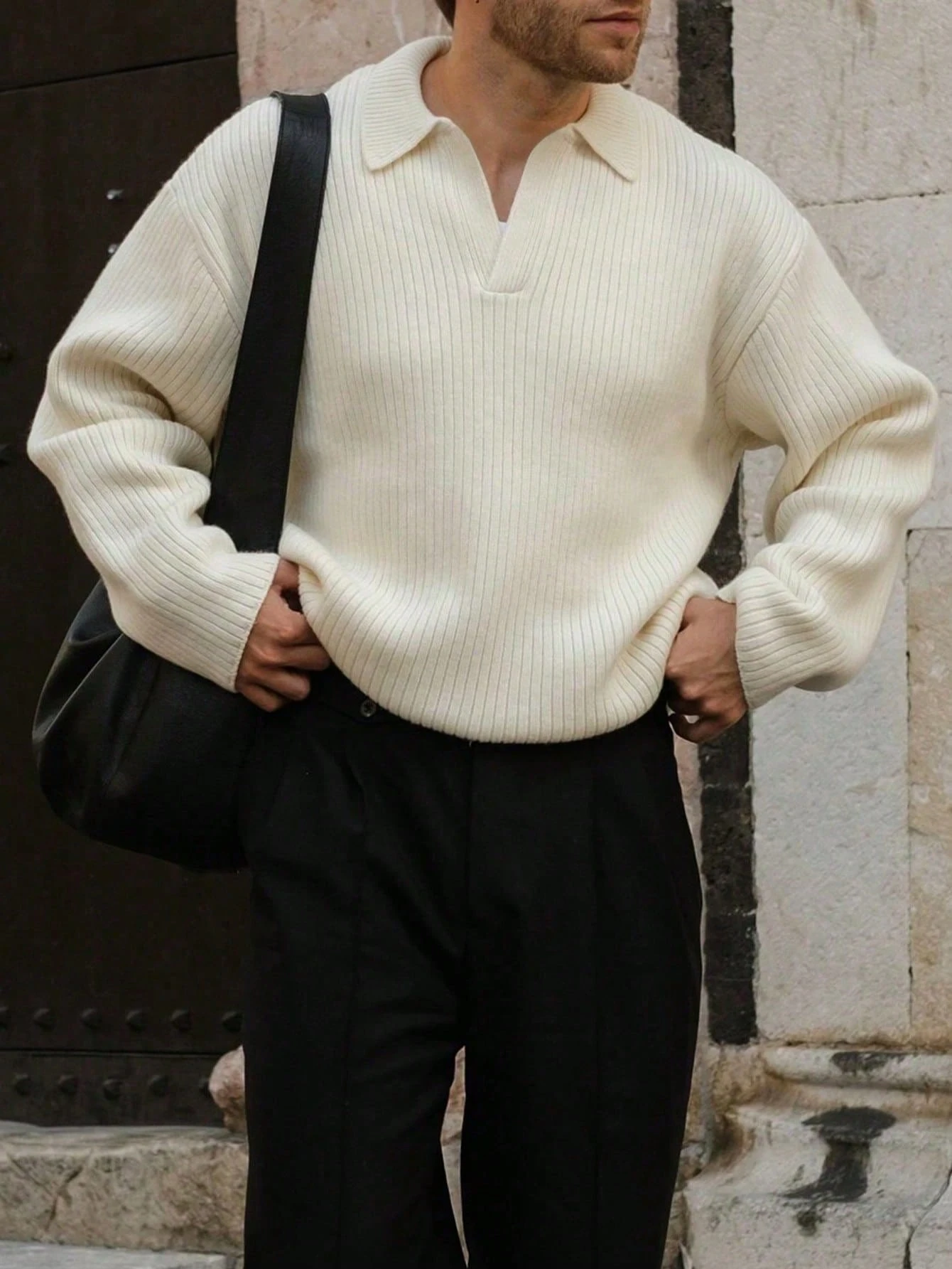 Pull col roulé en maille côtelée pour hommes, style décontracté ample, convient pour le — vue 2