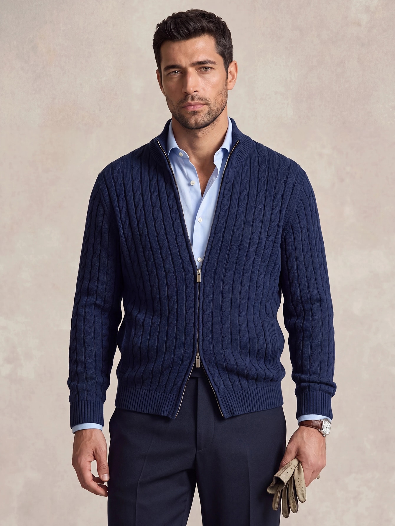 Lornavo Cardigan décontracté polyvalent pour hommes, couleur unie bleu marine, — vue 9