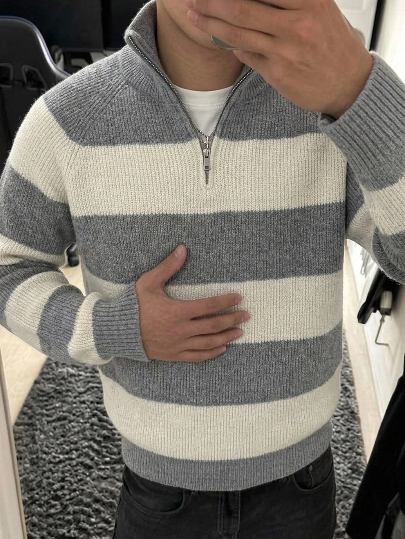 Calmiston Pull en coton de couleur unie décontracté pour homme, manches longues, style — vue 9