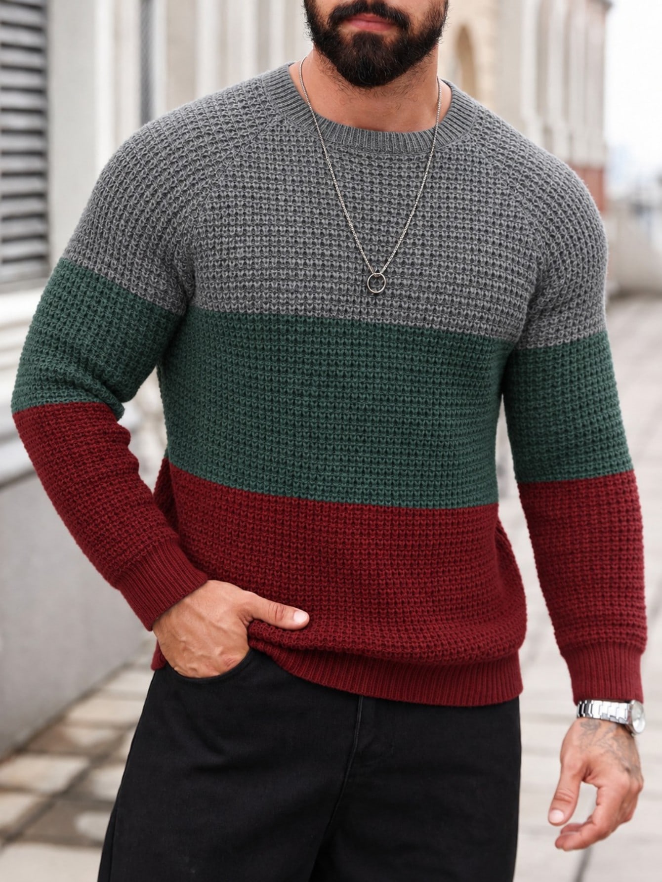 Calmiston Pull en coton de couleur unie décontracté pour homme, manches longues, style — vue 7