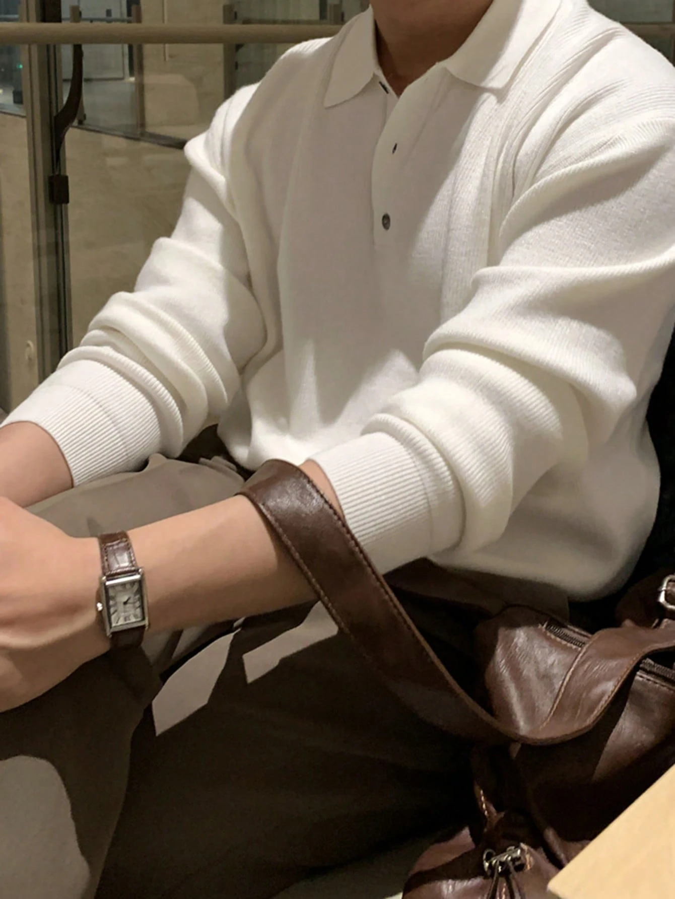 DAZY Pull col polo à manches longues couleur unie avec ourlet côtelé pour homme, style — vue 2