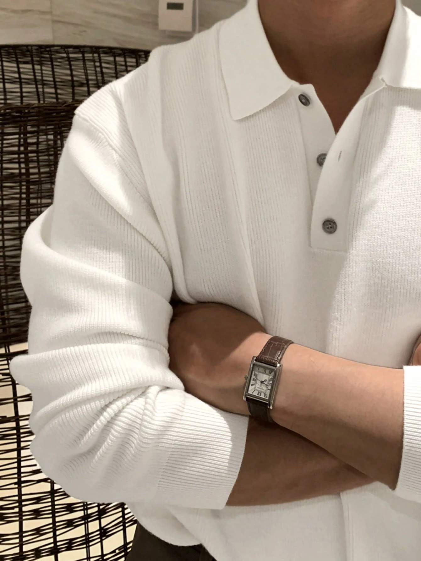 DAZY Pull col polo à manches longues couleur unie avec ourlet côtelé pour homme, style — vue 6