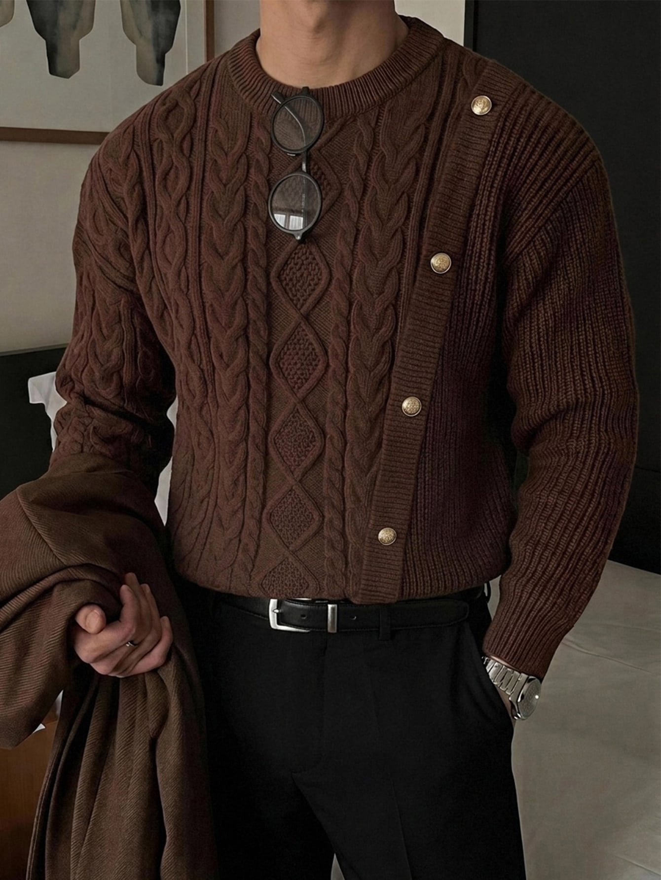 DAZY Pull style coréen col rond avec design de fausse patte automne/hiver — vue 5