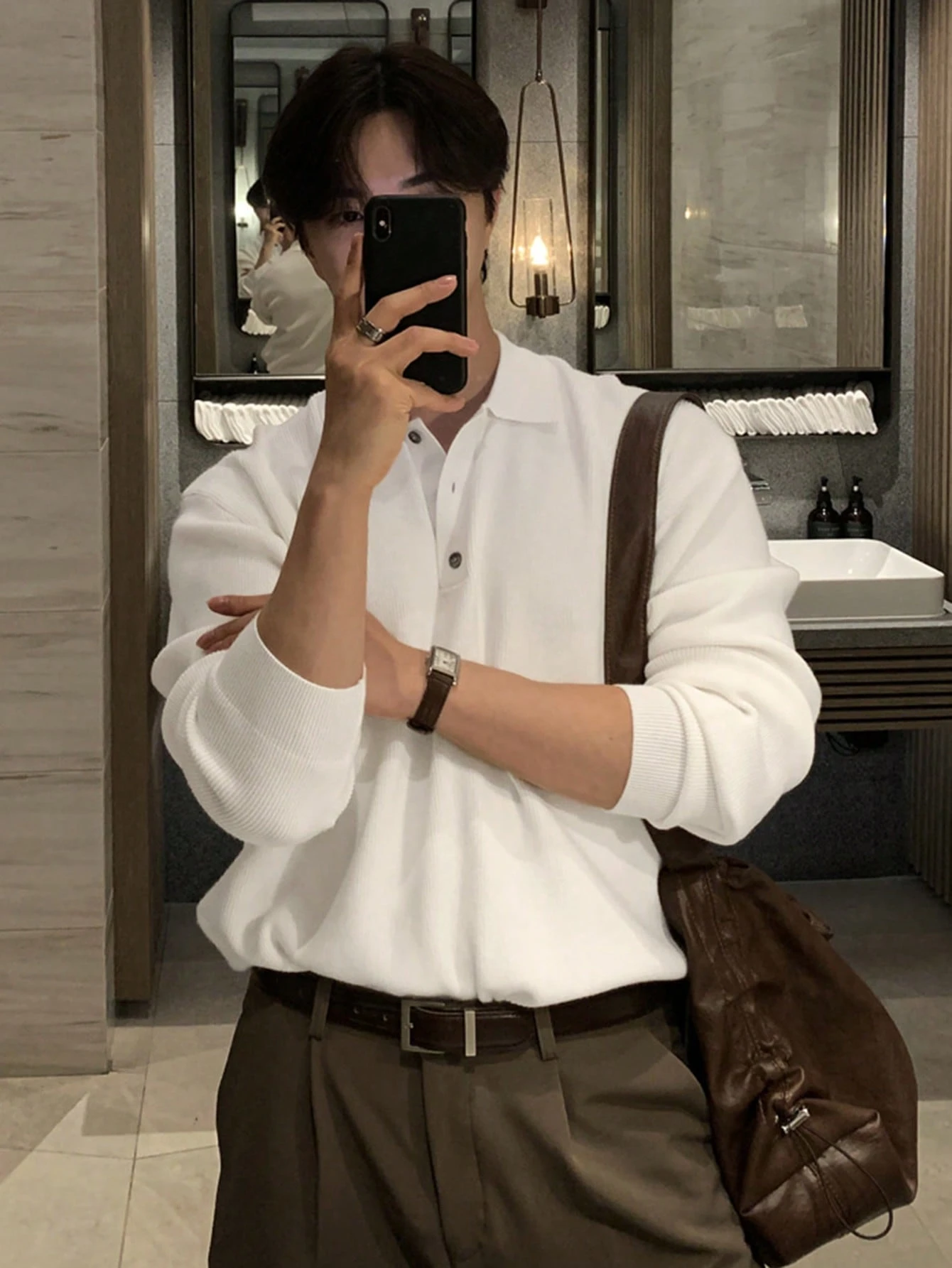 DAZY Pull col polo à manches longues couleur unie avec ourlet côtelé pour homme, style — vue 5
