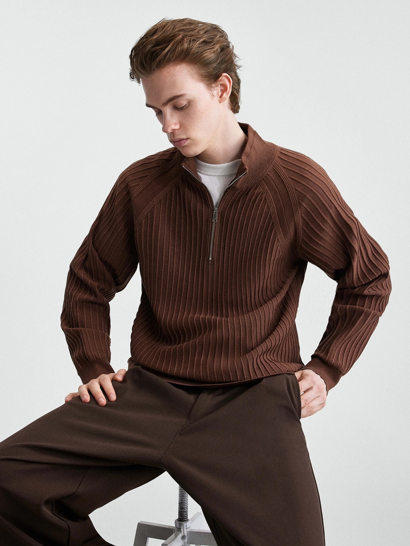 Calmiston Pull en coton de couleur unie décontracté pour homme, manches longues, style — vue 14