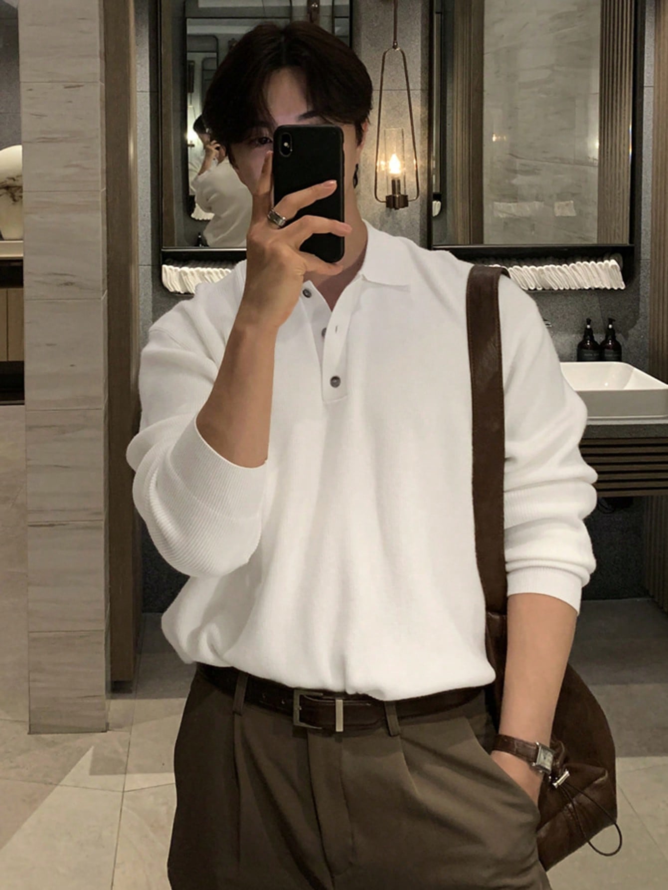 DAZY Pull col polo à manches longues couleur unie avec ourlet côtelé pour homme, style — vue 7