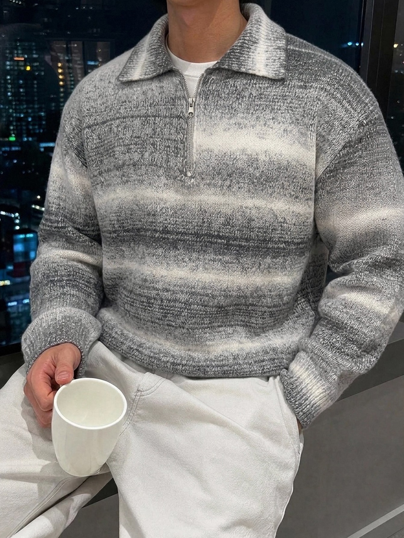 DAZY Pull décontracté pour homme style coréen, col polo, manches longues, dégradé — vue 9