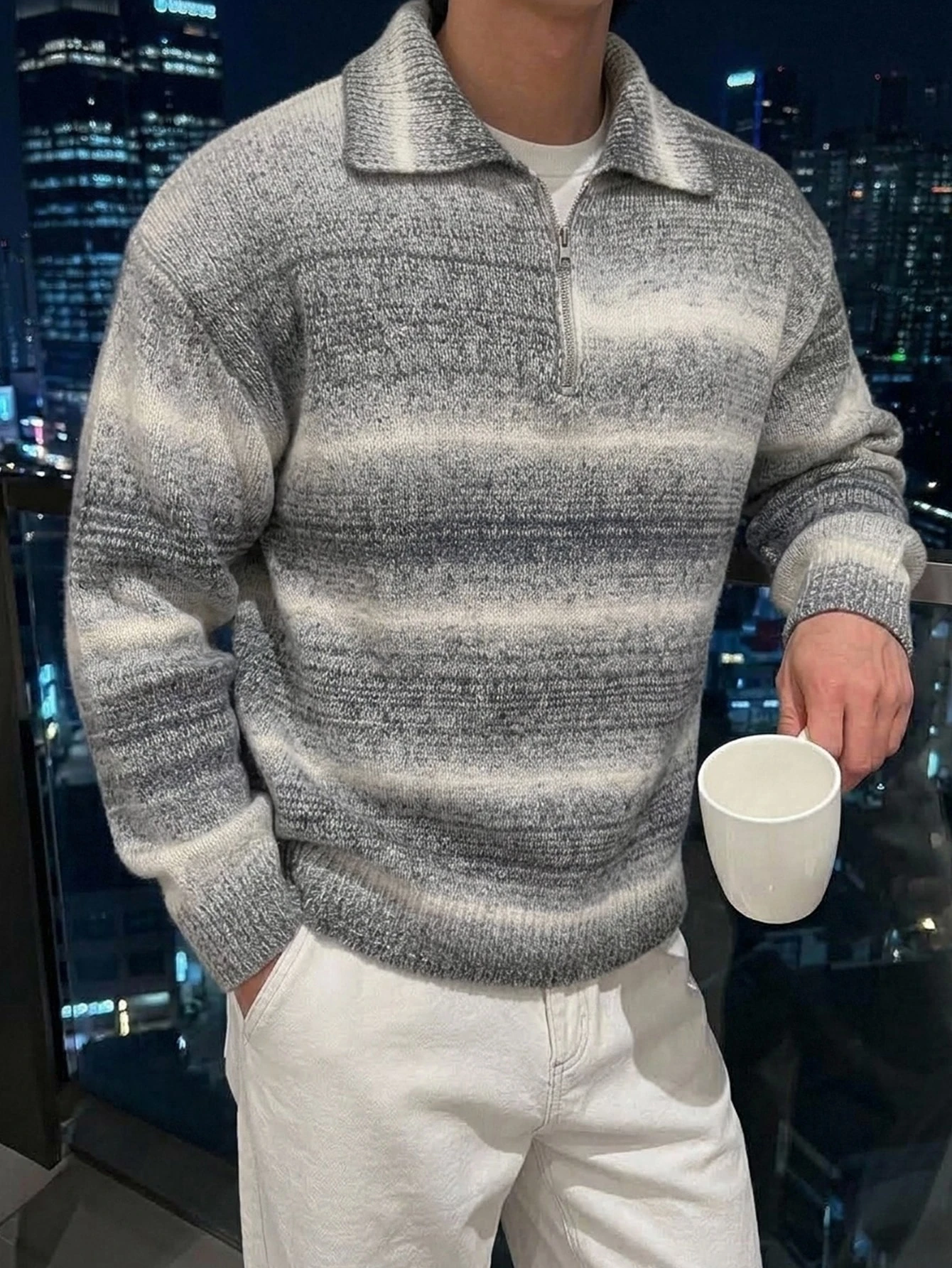 DAZY Pull décontracté pour homme style coréen, col polo, manches longues, dégradé — vue 7