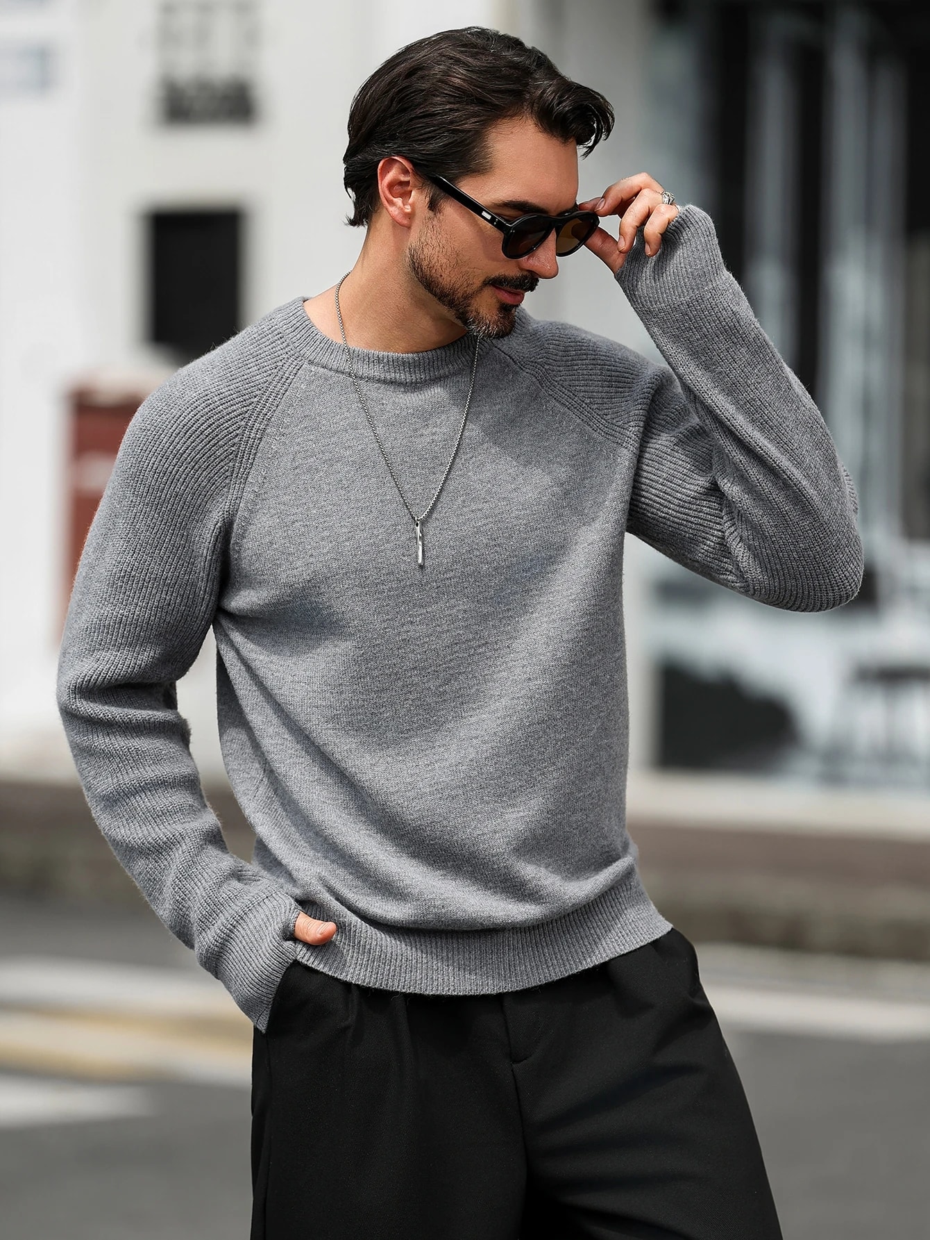 Calmiston Pull en coton de couleur unie décontracté pour homme, manches longues, style — vue 13
