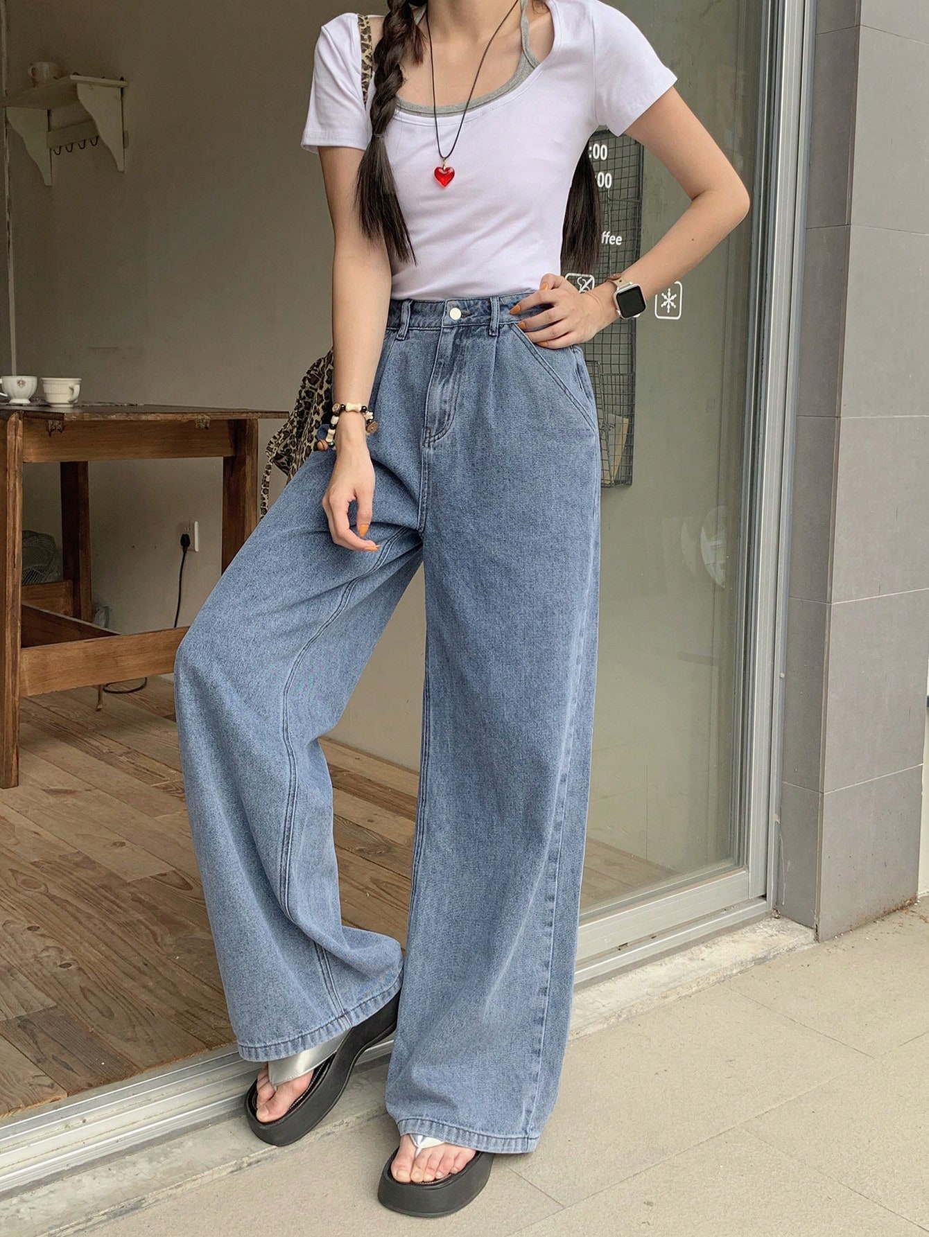 DAZY Jeans droits plissés décontractés amples pour femmes, vêtements de rentrée scolaire — vue 3