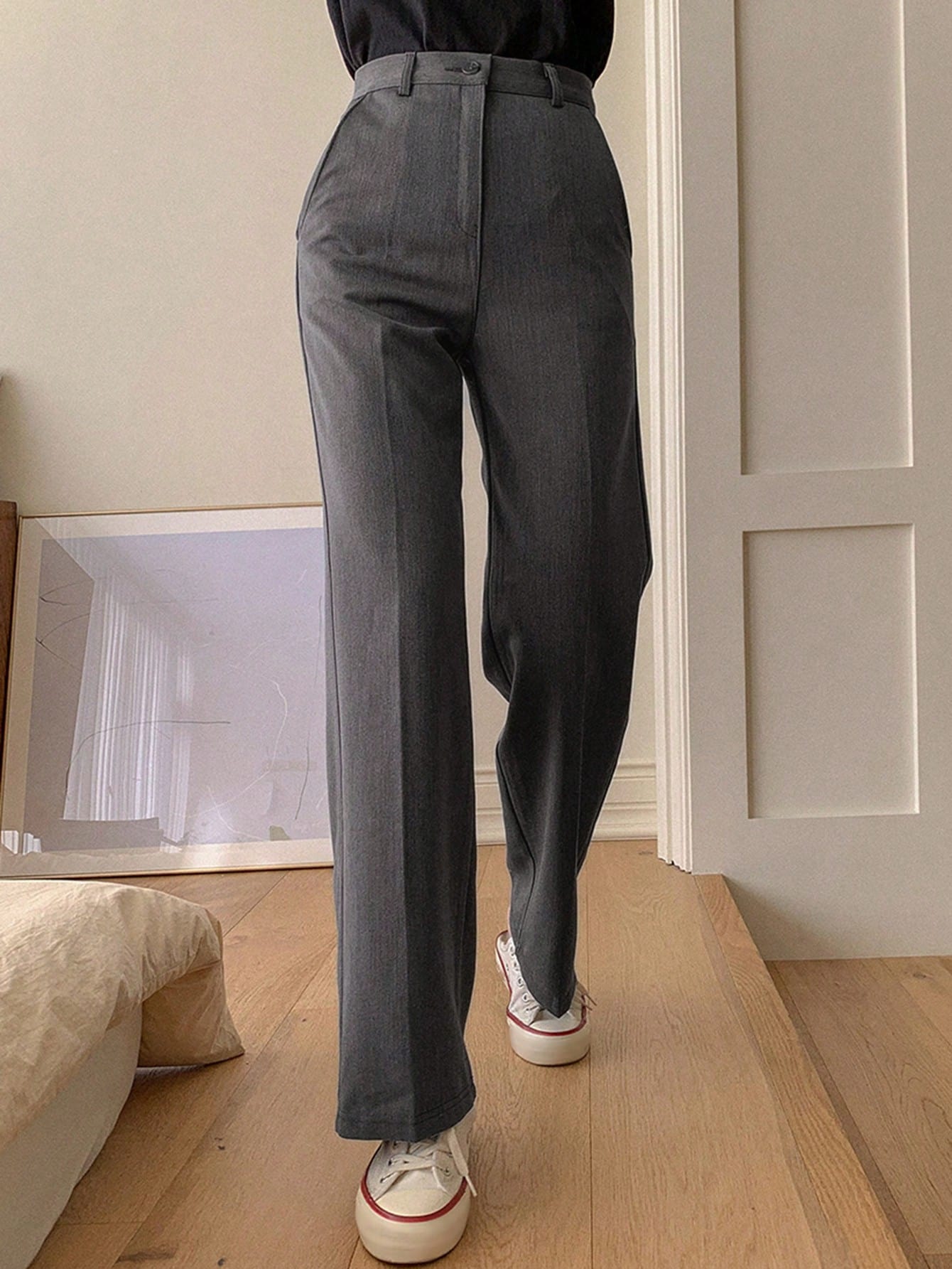 DAZY Pantalon droit décontracté à poches de couleur unie, coupe ample, tenue de bureau