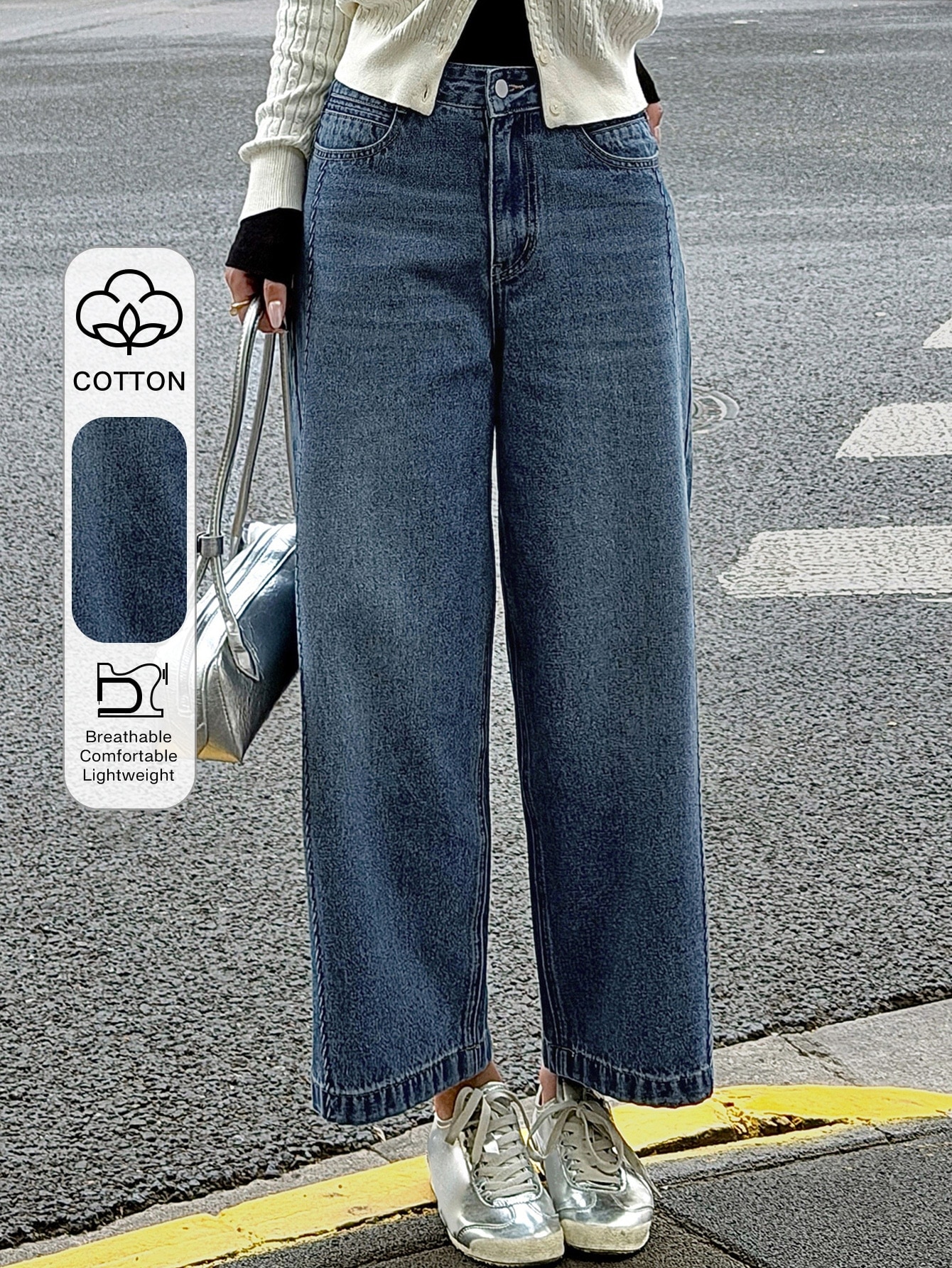 DAZY Jeans droits courts en jean délavé style cowgirl western, décontractés pour femmes, — vue 9