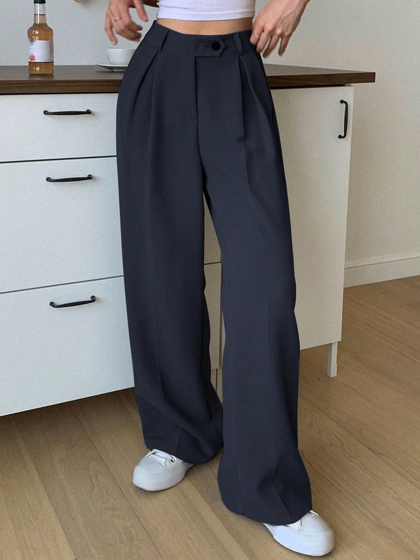 DAZY Pantalon de costume à taille haute plissé et évasé pour femmes, pantalon habillé — vue 6