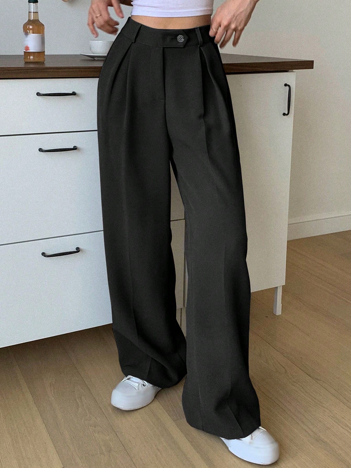 DAZY Pantalon de costume à taille haute plissé et évasé pour femmes, pantalon habillé — vue 2