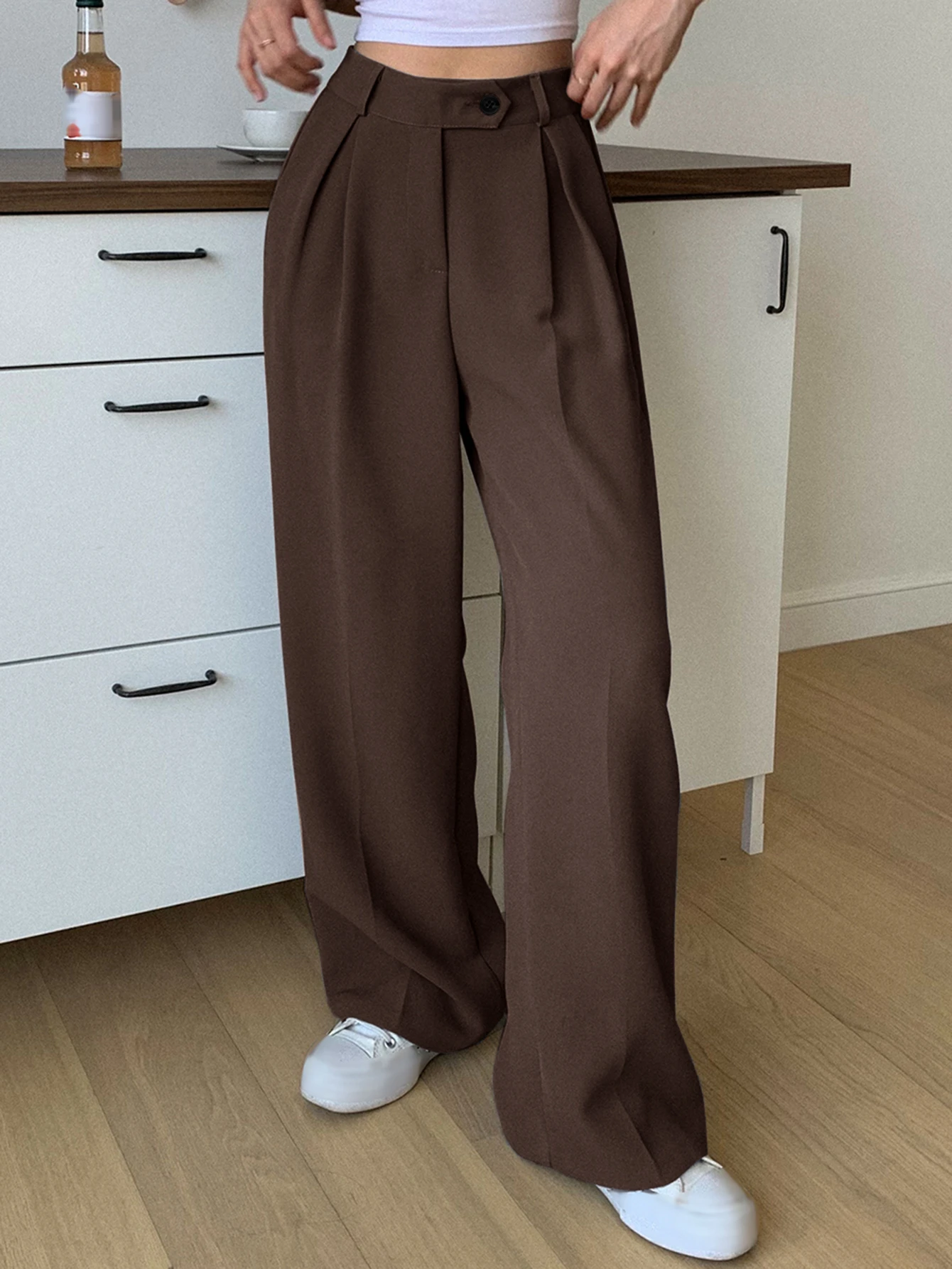 DAZY Pantalon de costume à taille haute plissé et évasé pour femmes, pantalon habillé — vue 5