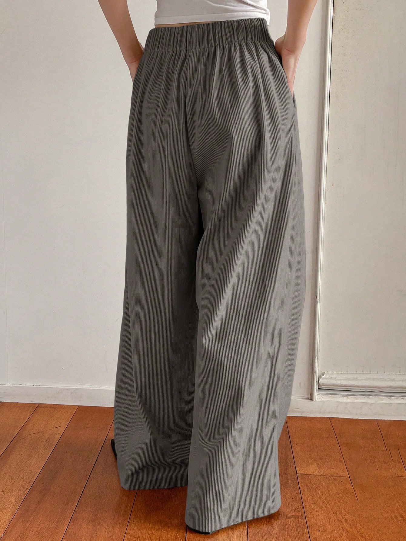 DAZY Pantalon évasé en velours côtelé à poches lâches de couleur unie pour femmes, — vue 5