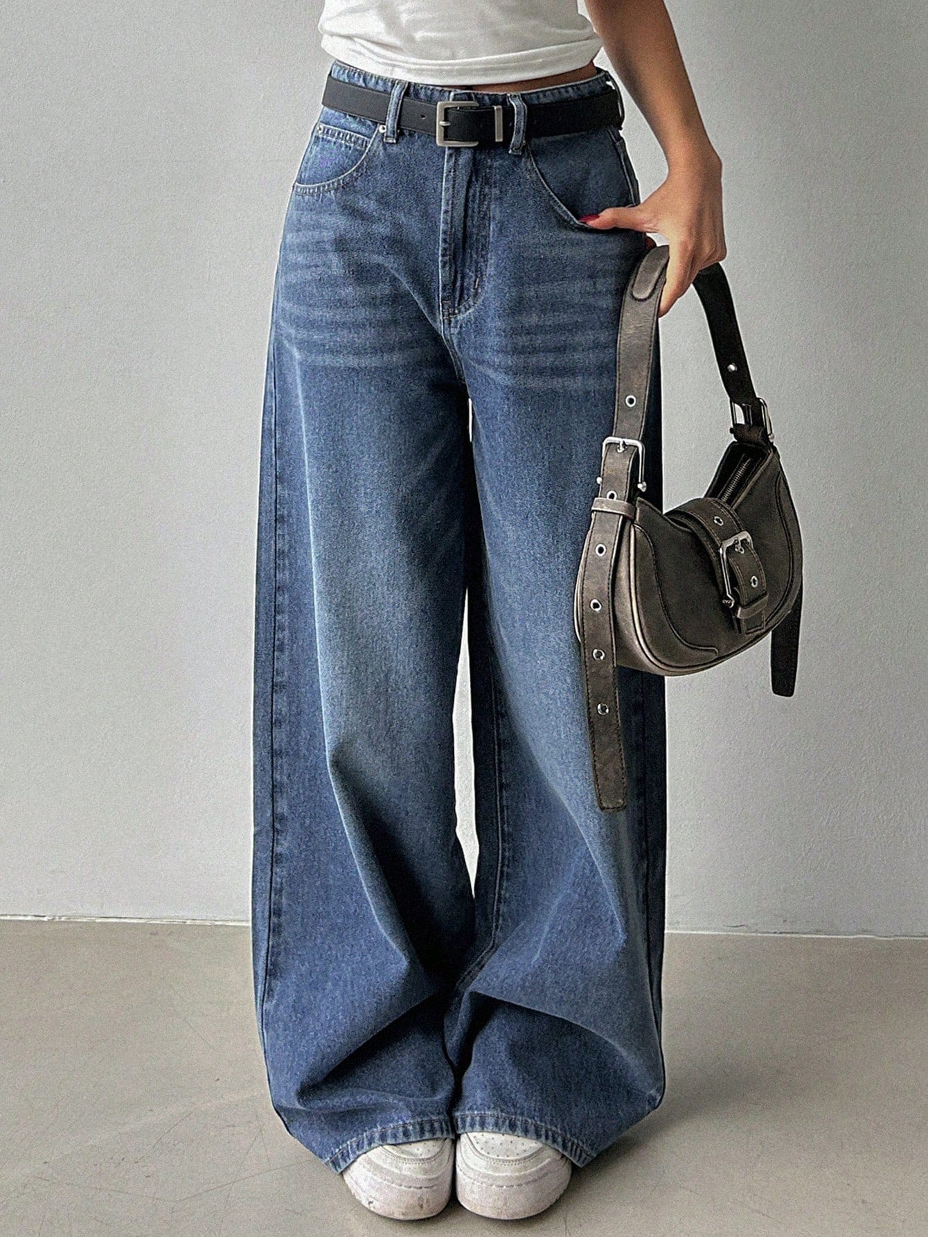 DAZY Pantalon en jean large décontracté à jambes larges pour femmes, jeans boyfriend