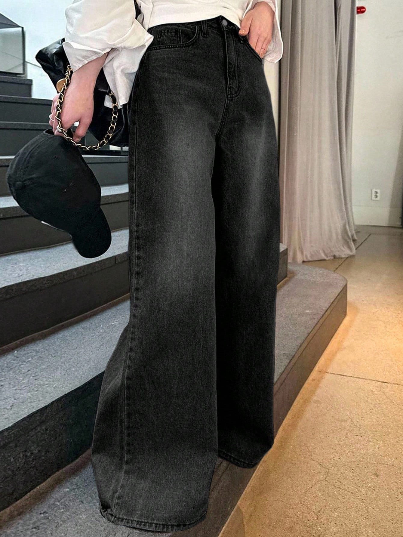 DAZY Jeans droits taille haute ample amincissants, minimaliste et polyvalent, pantalon