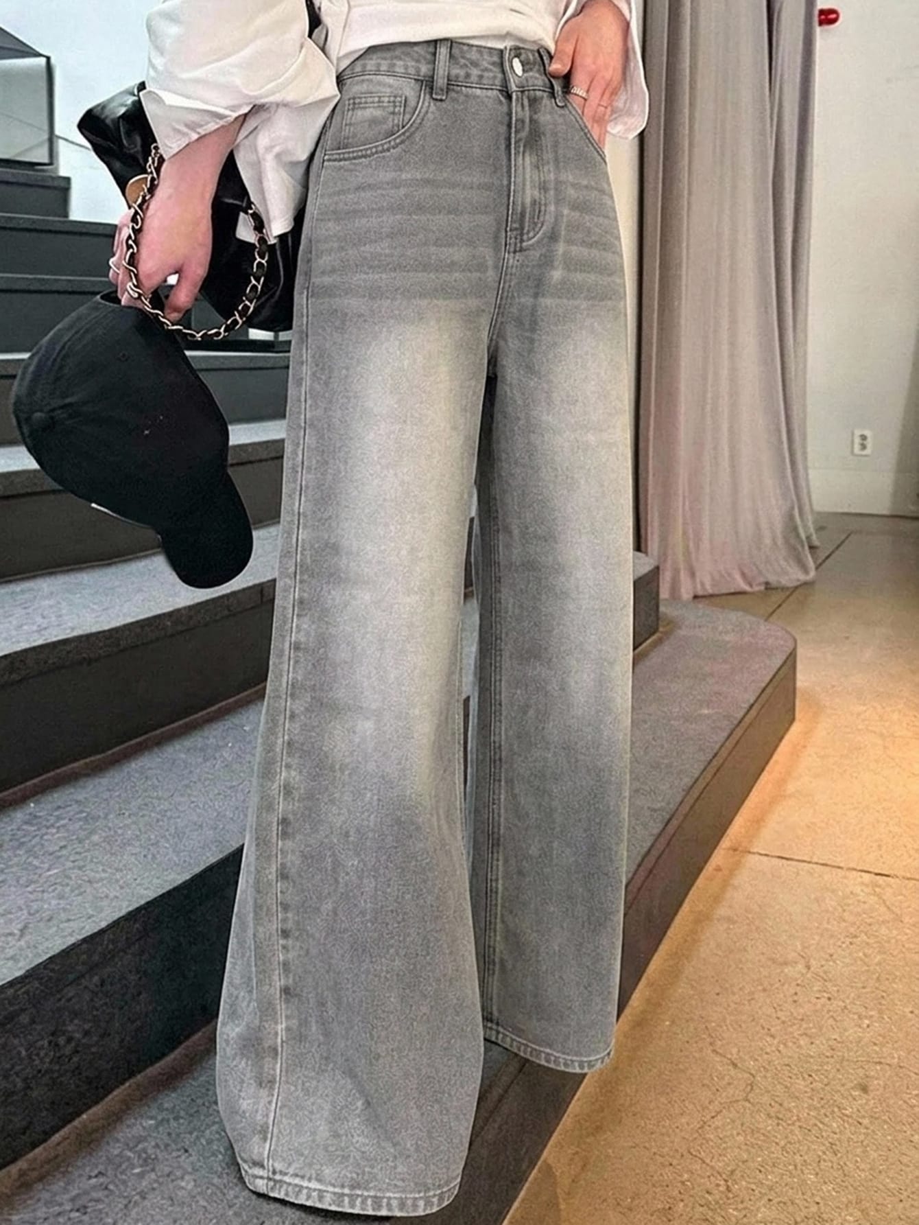 DAZY Jeans droits taille haute ample amincissants, minimaliste et polyvalent, pantalon — vue 5