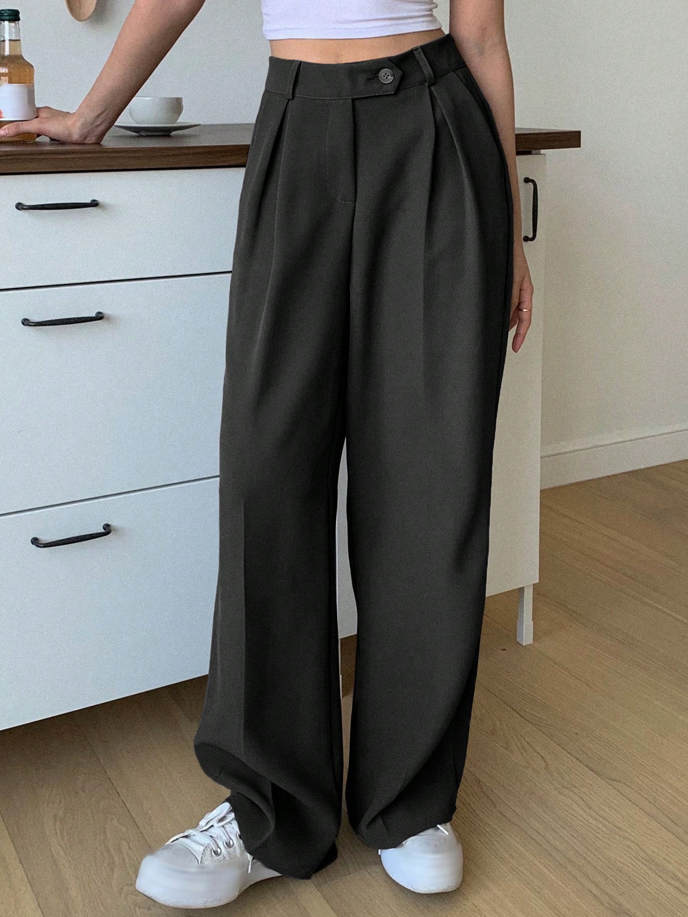 DAZY Pantalon de costume à taille haute plissé et évasé pour femmes, pantalon habillé — vue 8