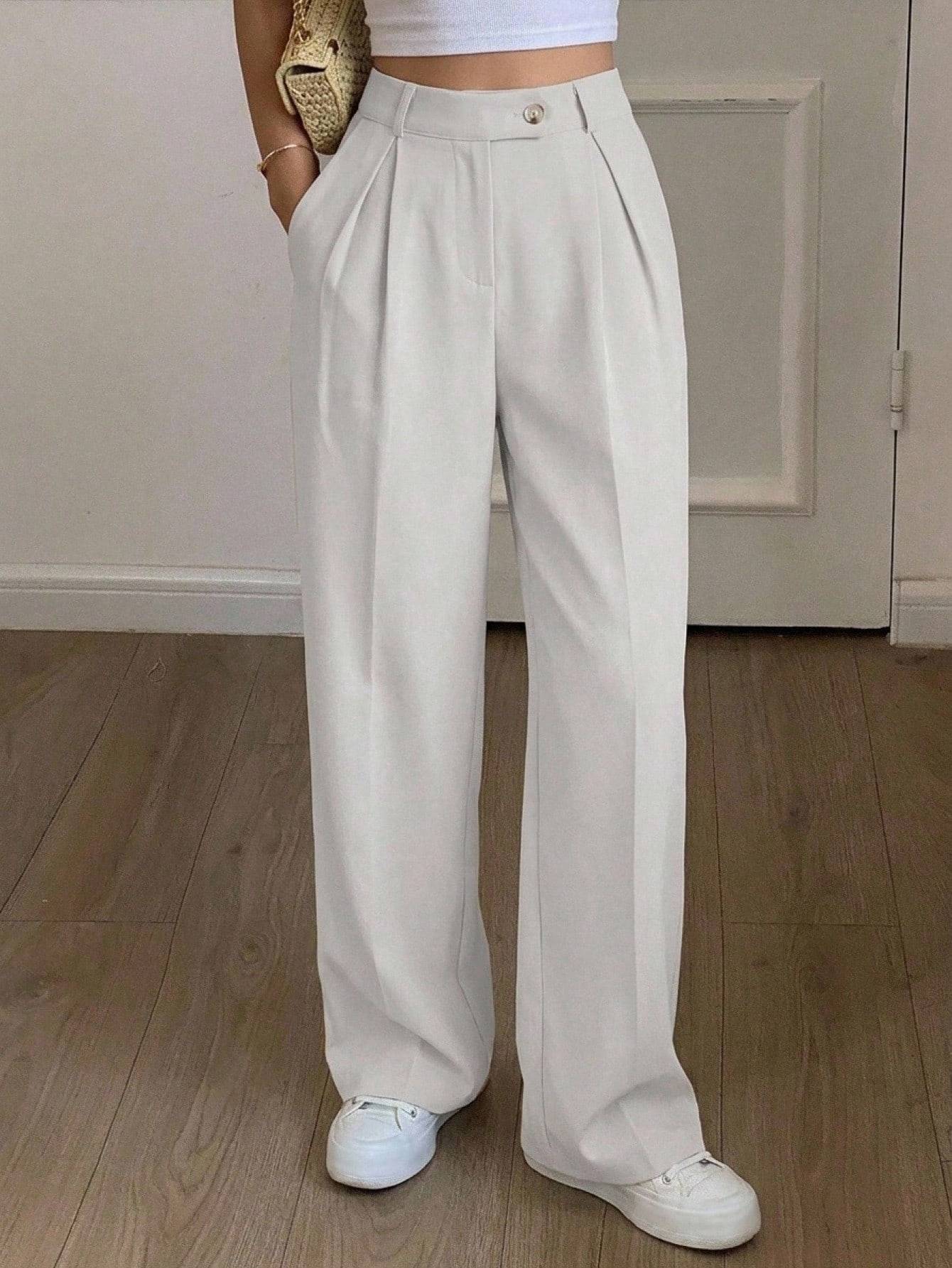 DAZY Pantalon de costume à taille haute plissé et évasé pour femmes, pantalon habillé — vue 7